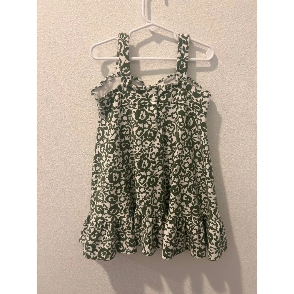 Janie and Jack Girls Green White Floral Bow Ruffle Dress Size 5 Sleeveless